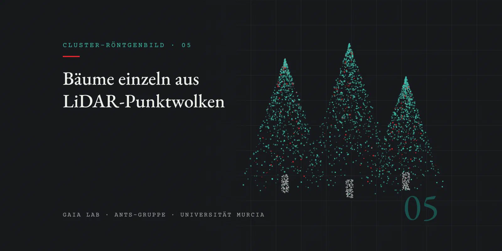 Drei Bäume, gezeichnet als Punktwolken in Teal mit einigen roten Punkten und grauen Stämmen