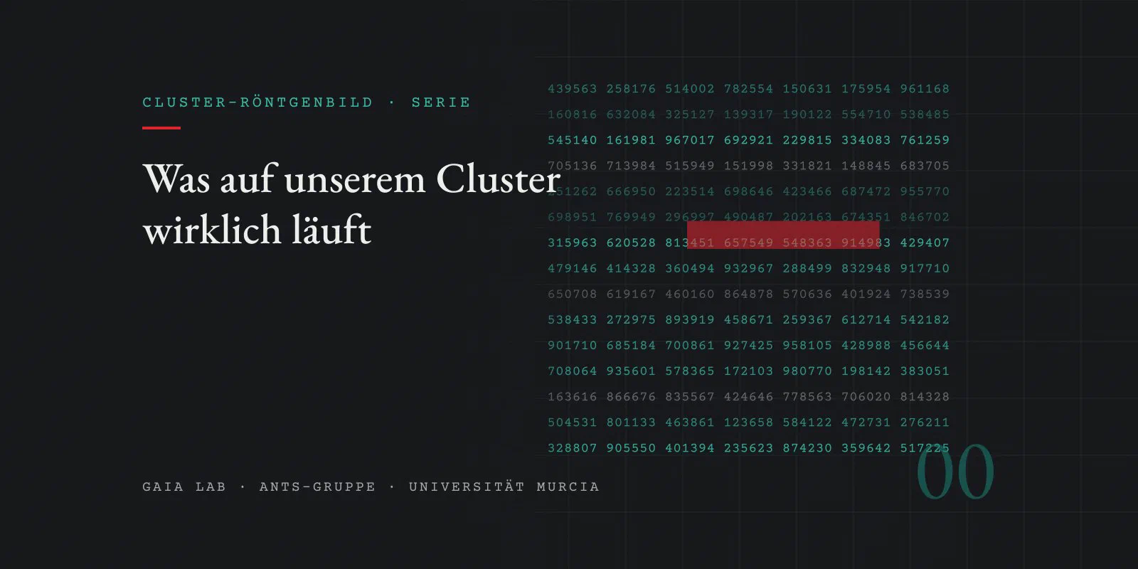 Reihen sechsstelliger Job-Kennungen in Monospace-Schrift, mit einem roten Streifen