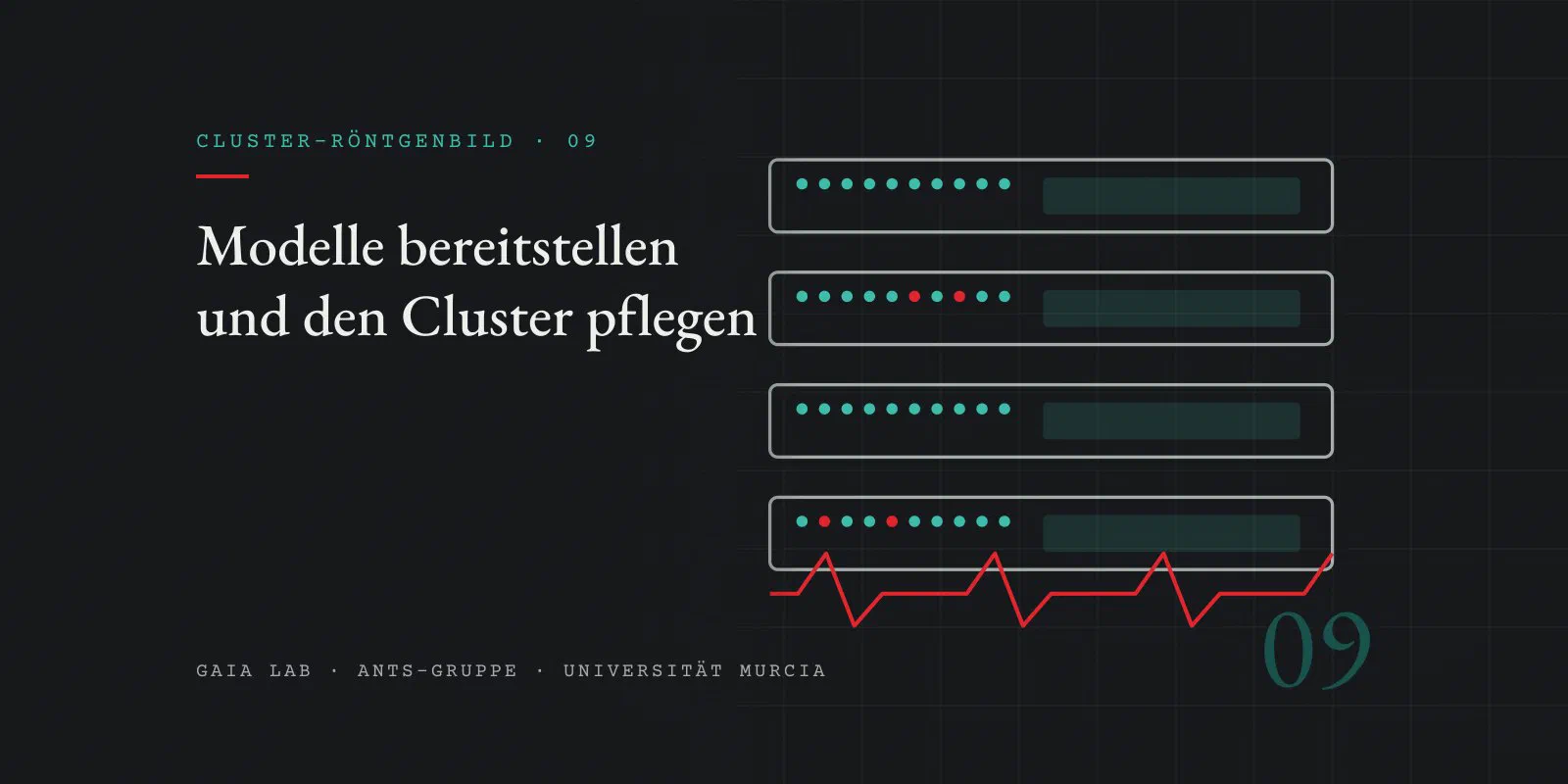 Vier Racks in grauem Strich mit Reihen von Indikatoren in Teal und vereinzelt Rot, und darunter eine rote Pulslinie