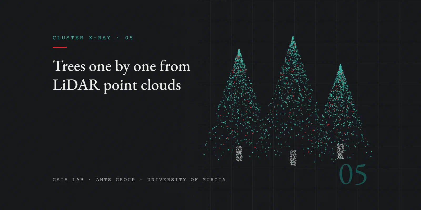 Three trees drawn as teal point clouds with some red points and grey trunks