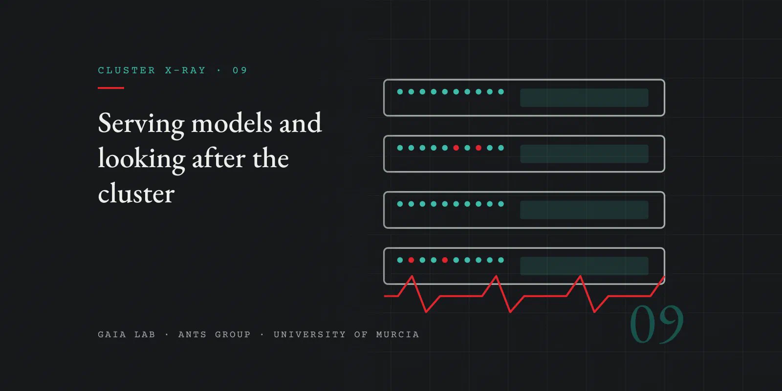 Four racks drawn in grey outline with rows of teal indicators and the odd red one, and a red pulse line below