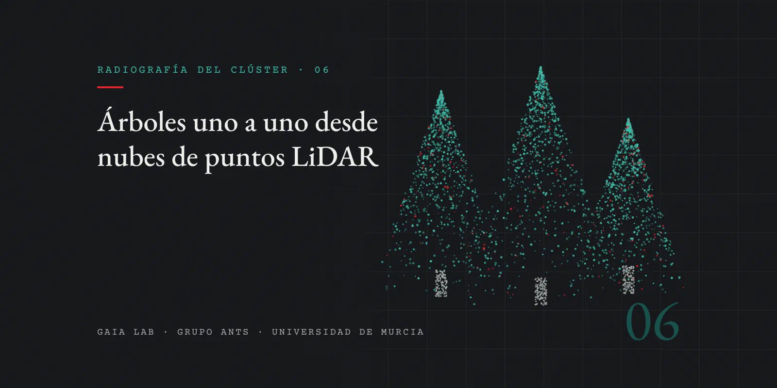 Tres árboles dibujados como nubes de puntos teal con algunos puntos rojos y troncos grises