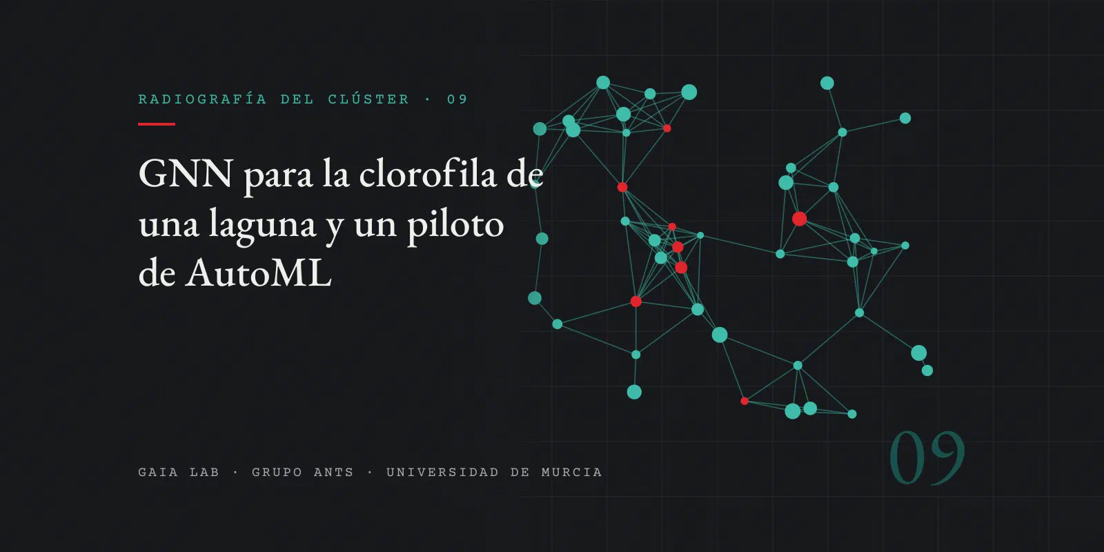 Grafo de nodos teal conectados por aristas, con algunos nodos en rojo