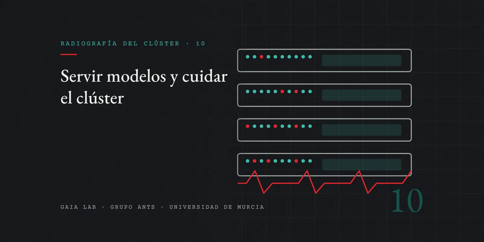 Cuatro bastidores dibujados en trazo gris con filas de indicadores teal y alguno rojo, y una línea de pulso roja debajo